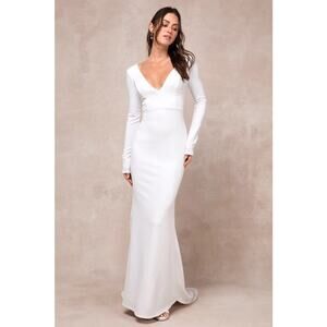 Lulus Extravagant Love White Backless Long Sleeve Ruched Maxi Dress Bridal Sze L